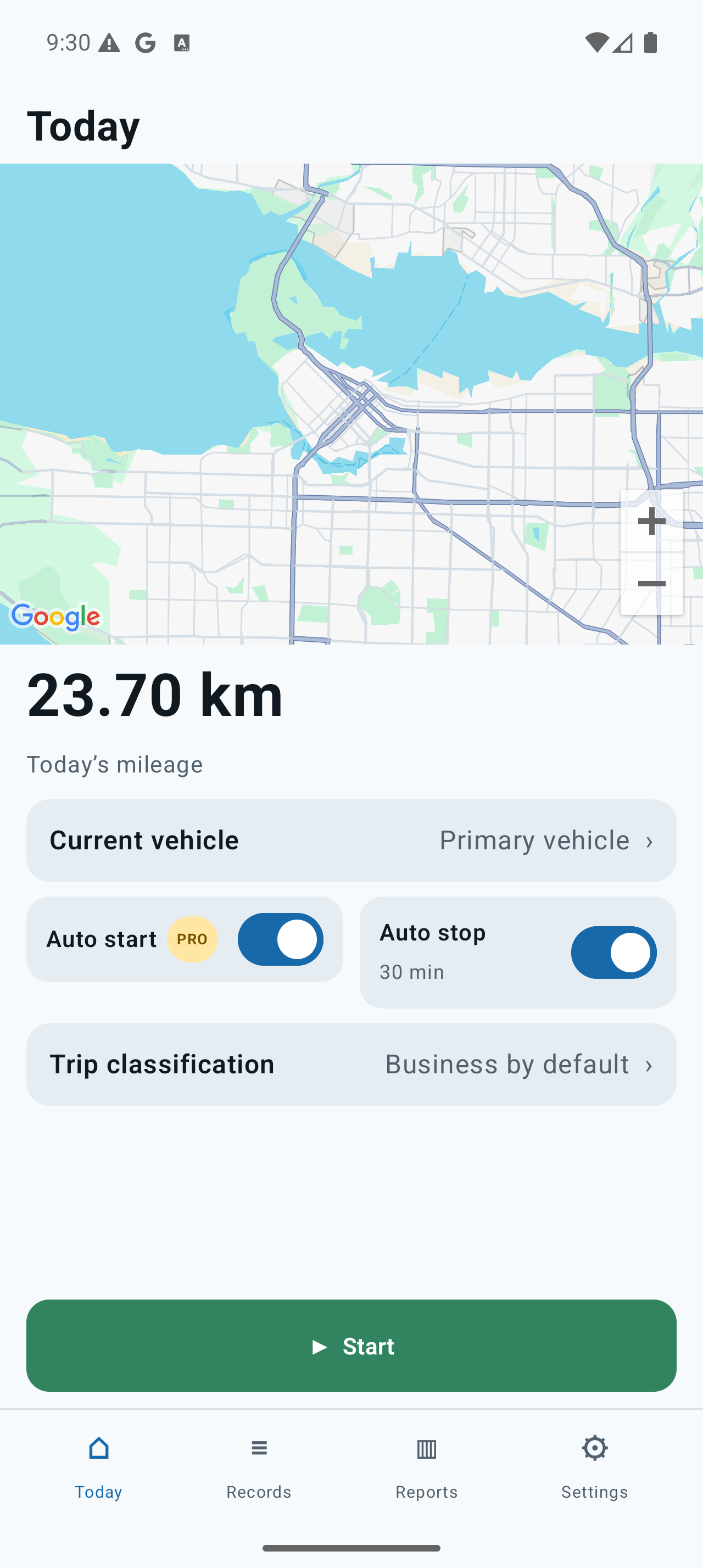 Mileage Logger Android app showing today's mileage, vehicle settings, Auto Start and Auto Stop