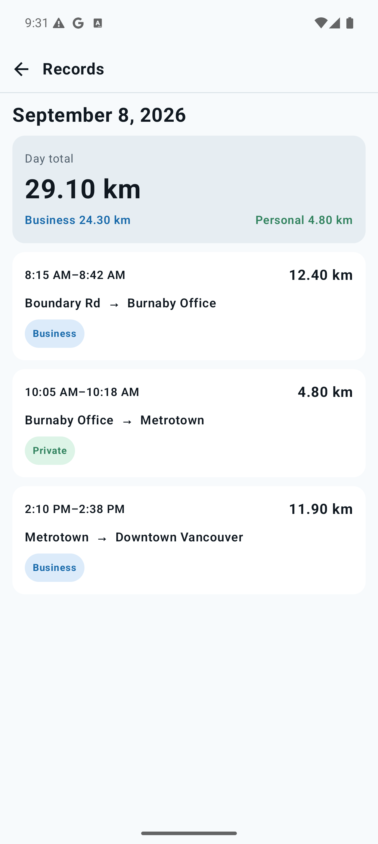 Mileage Logger records showing business and personal trips