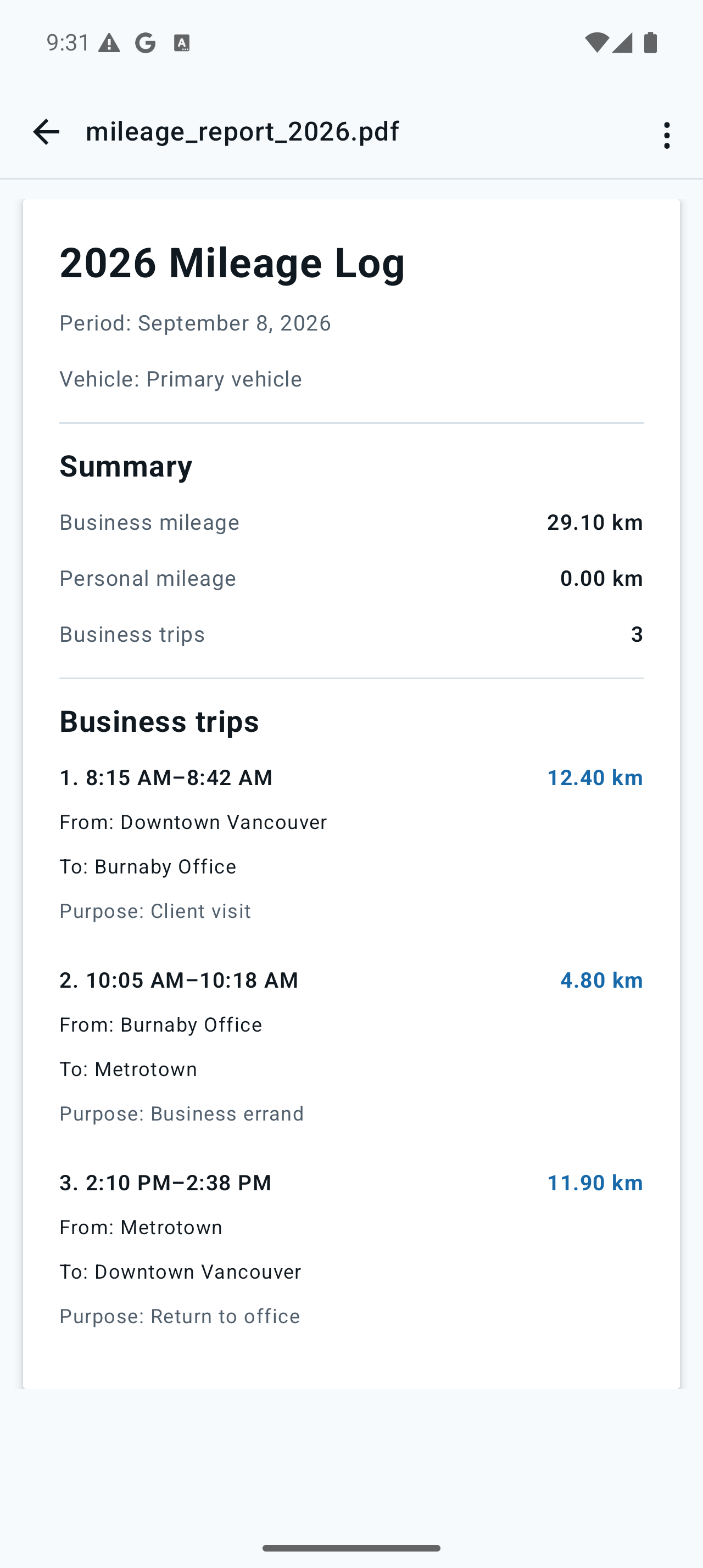 Mileage Logger mileage report