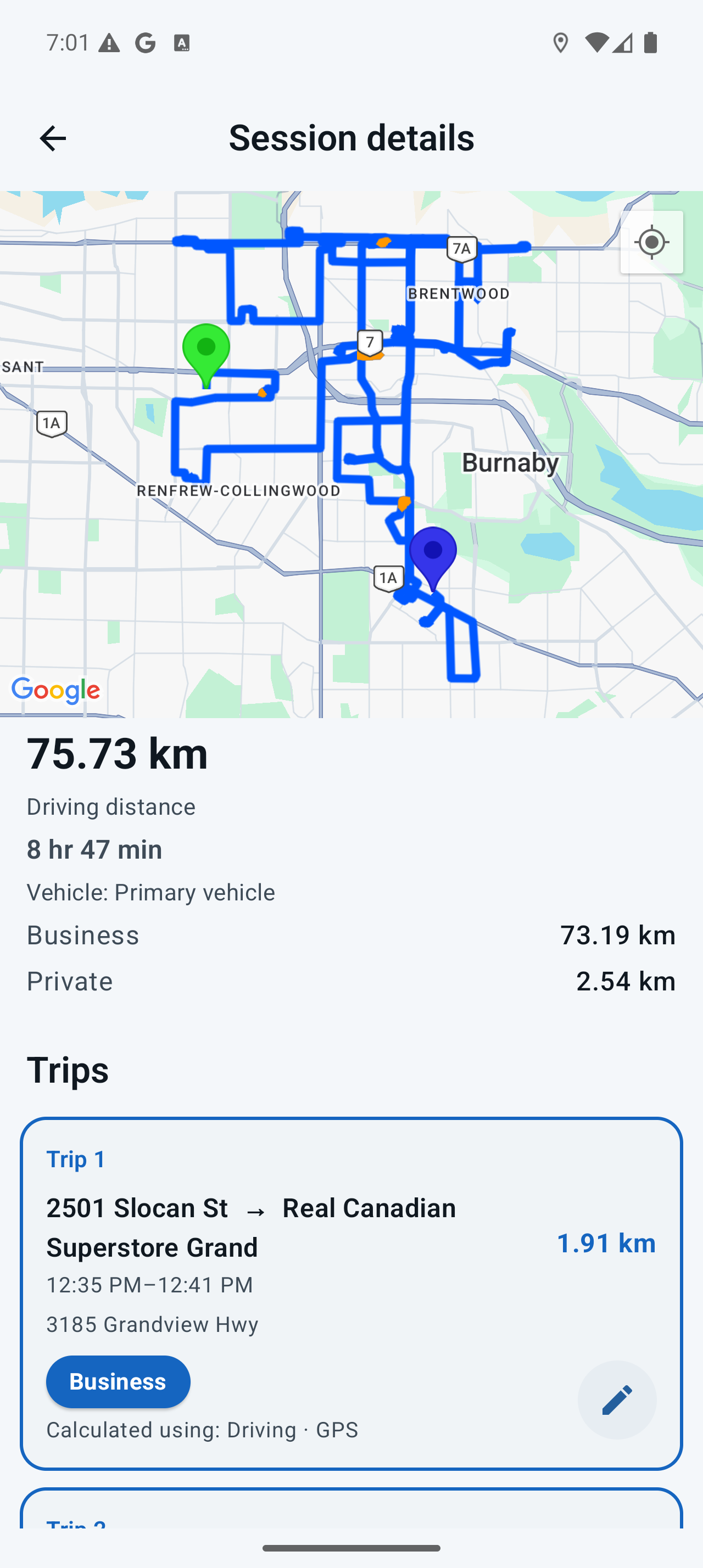 Mileage Logger trip detail showing route and drive information